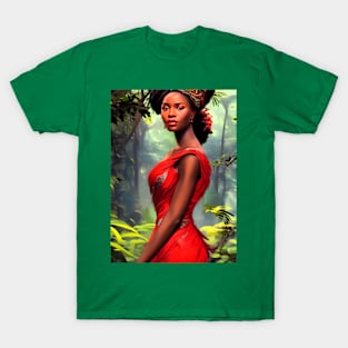 Safari Queen: Majestic African Woman in Red Feather Robe T-Shirt